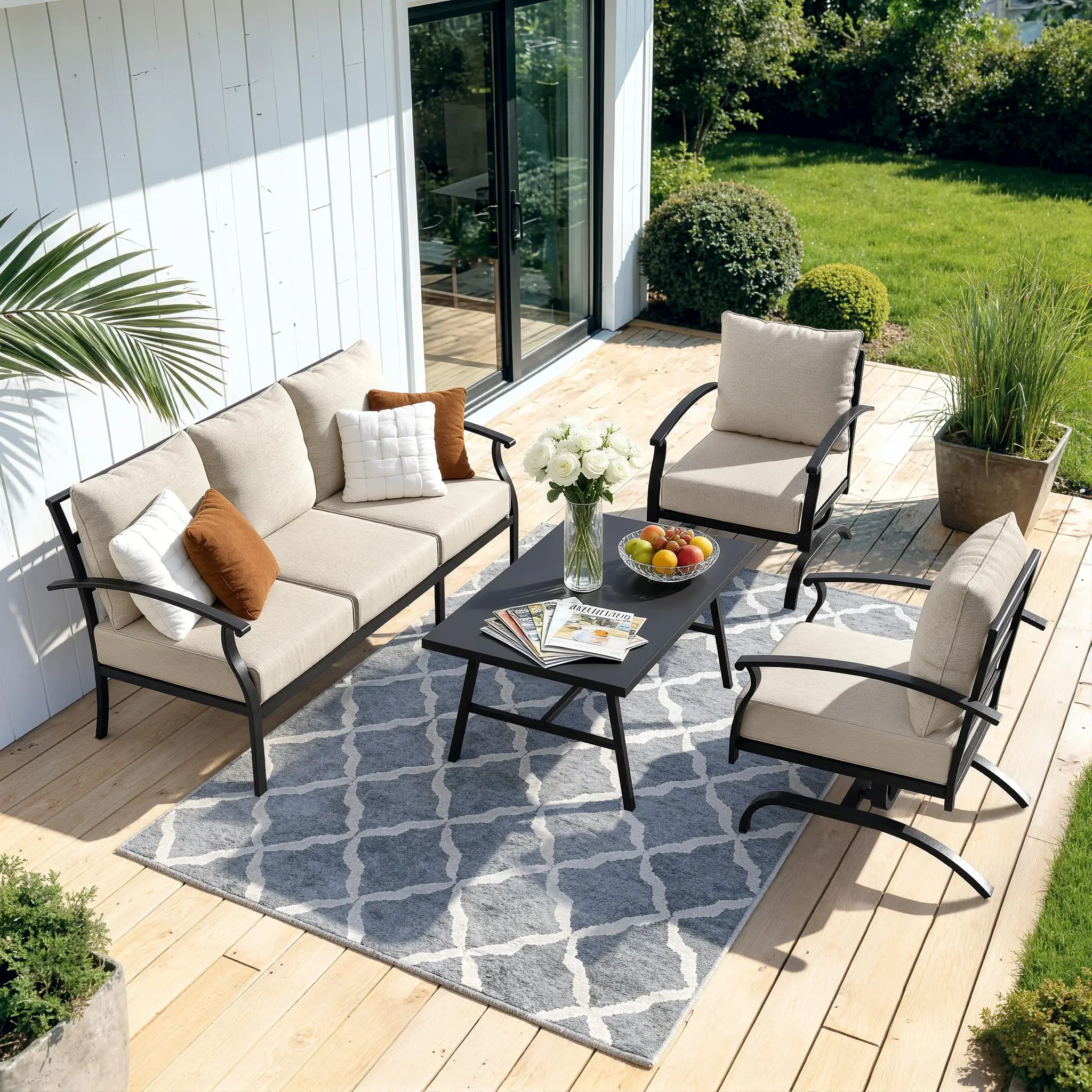 5-Seat Metal Outdoor Furniture Set with Rocking Chairs, Thick Cushions and Coffee Table - Modern Conversation Set for Garden, Backyard,outdoorfurnitureset
