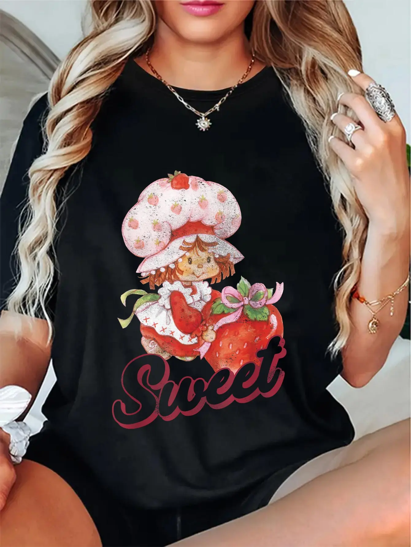 Lady's 100% Cotton Short-Sleeve Graphic T-Shirt - Vintage Sweet Strawberry Shortcake Portrait, Everyday Streetwear Women's Top, Shortsleeve, Casual