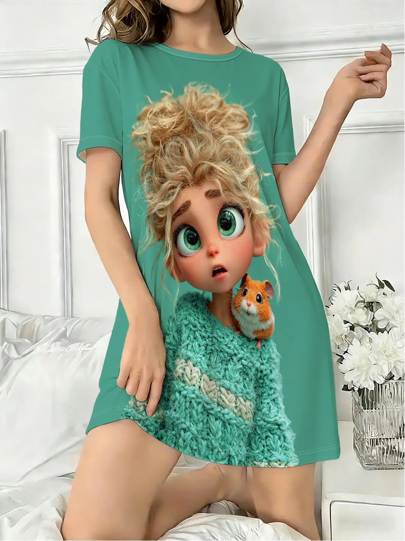 Women's Round Neck Short Sleeve Nightie, Cartoon Girl Front and Back Printed Sleepwear, Casual Loungewear for All Seasons