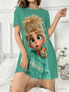 Women's Round Neck Short Sleeve Sleepwear Fitted, Dreamy Cartoon Cute Girl Front Back Printed Pajamas, Casual Home Wear All Seasons Loungewear Homewear Womenswear Lady