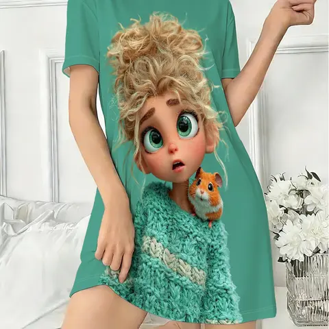 Women's Nightdress, Round Neck Short Sleeve Pajamas, Dreamy Cartoon Print, Christmas Theme, Casual Fitted Sleepwear, Pjs