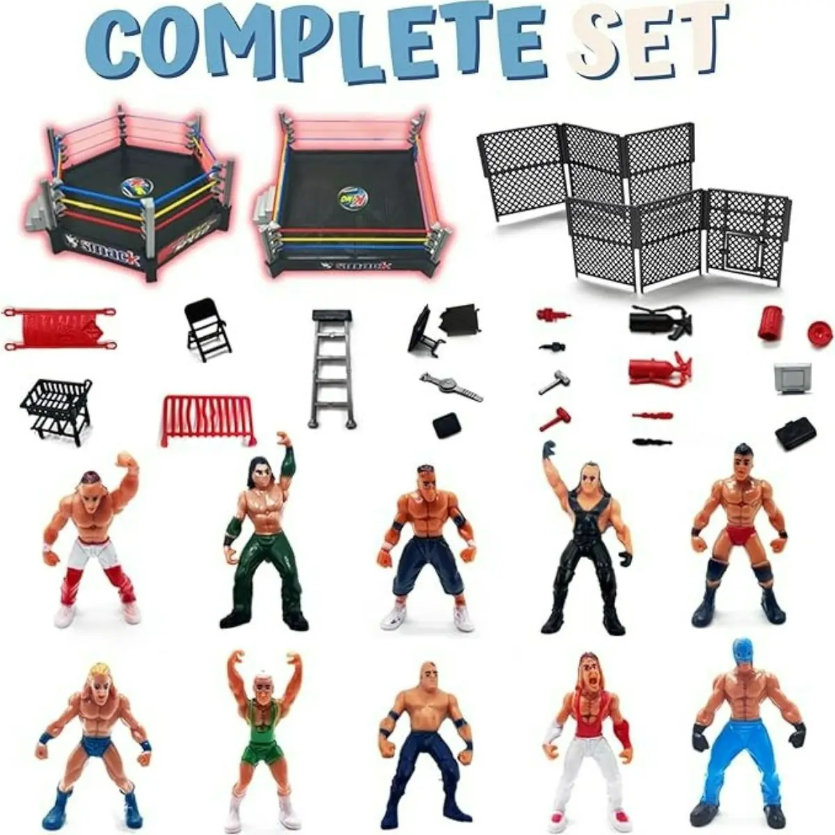 Kids Hexagon Wrestling Ring Playset, 32 Pcs Wrestling Action Figures Battle Toy Set with 12 Wrestler Figures & 18 Game Accessories, Creative Group Battle Play Toy, Pretend Play Wrestling Kit, Birthday & Holiday Gift for Boys Girls Ages 12+