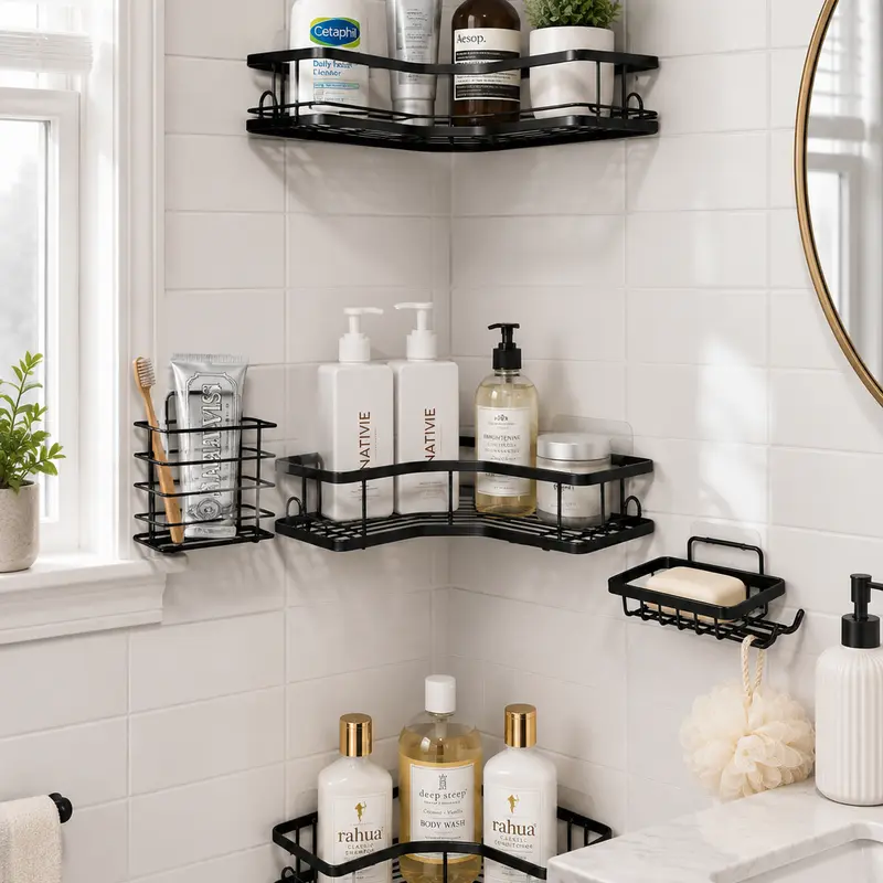 Durable 5-Piece Round Stainless Steel Rust-Resistant Bathroom Rack Set - No-Drilling Self-Adhesive Corner Mount, Quick Installation, Shower-Ready Shower Caddy, Large-Capacity Hollow Cubby Shelf, Apartment Space-Saving Bathroom Decor