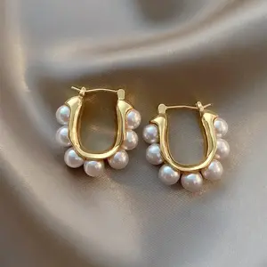 Women'S U-Shaped Pearl Hoop Earrings, Elegant Faux Pearl Stud Earrings, Exquisite And Eye-Catching Everyday Jewelry