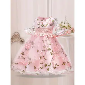 Girls Flower Embroidery Elegant Half Sleeve Birthday Party Clothes Youngsters Formal Christmas