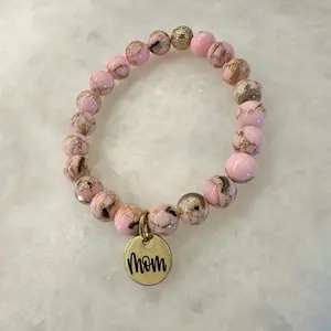 Mom STACKED Bracelet - Handmade 8mm Gemstone bracelet with Exclusive Two-Sided Mom Charm & Gold Filled Accents