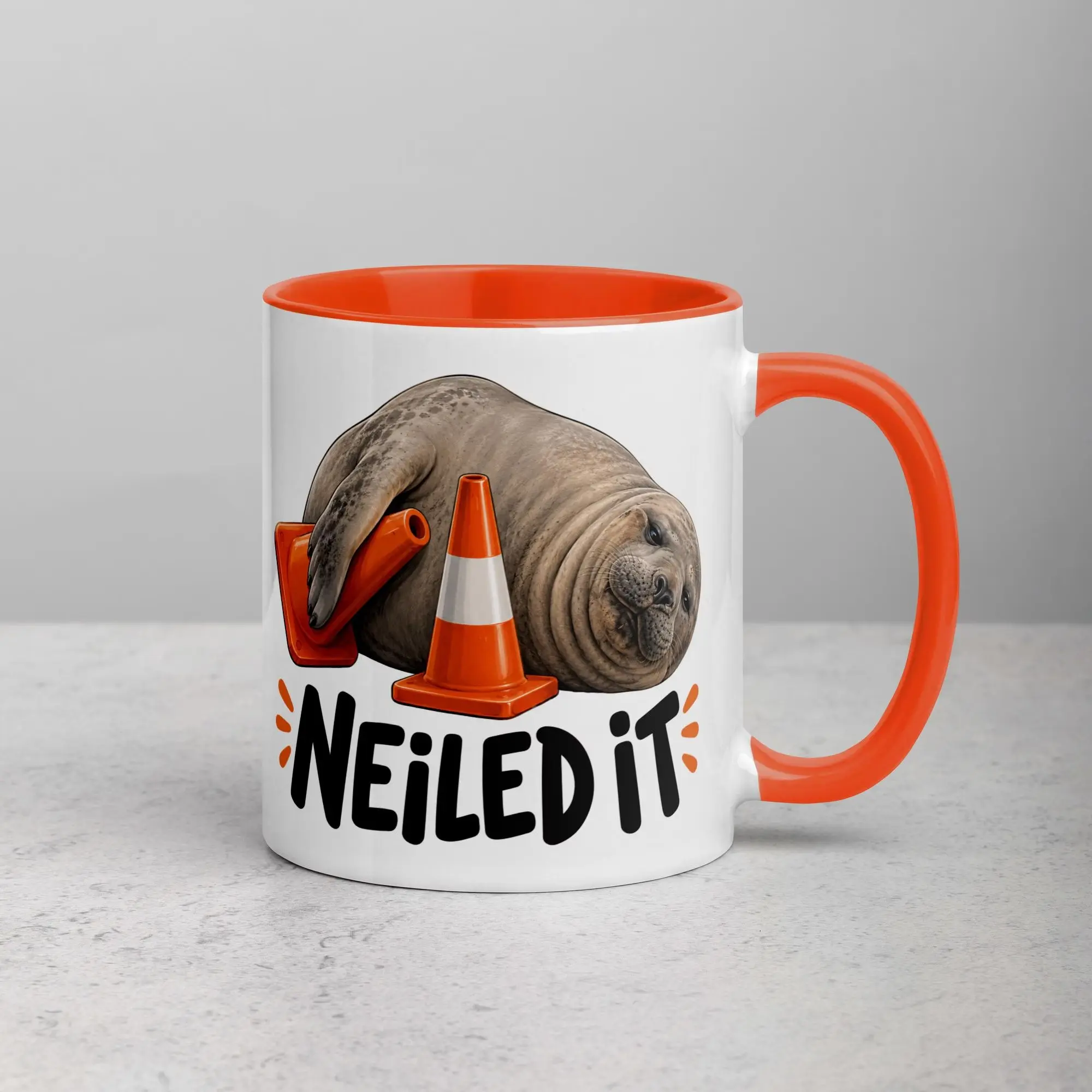 Neil The Seal Mug, Funny Elephant Seal Meme Mug, Tasmania Animal Pun Neiled It Mug with Color Inside