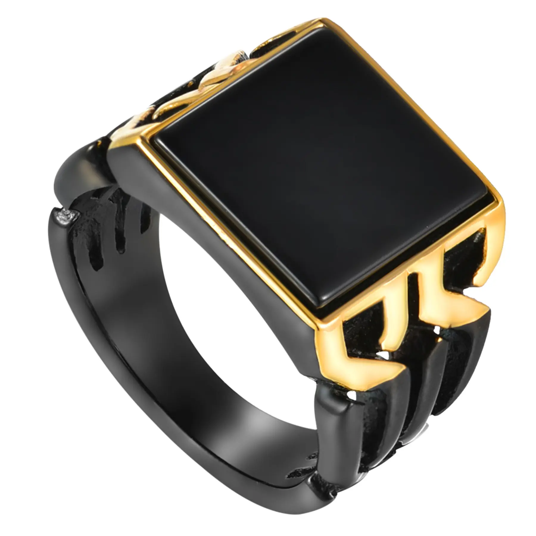 OIDEA Men's Vintage Braided Weave Statement Ring, 2-Tone Stainless Steel with Black Glass Stone, 15mm (0.59 inches) for Anniversary & Weddings, Hollow Lattice, Rich Black Glass Stone, Durable, Hypoallergenic, And Resistant To Tarnish, Anti-Rust Steel Ring