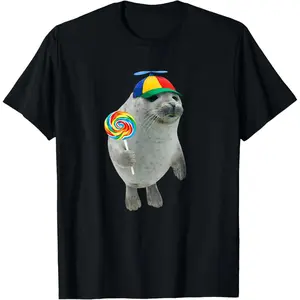 Cute Silly Seal Lollipop Meme Print Unisex Short Sleeve Casual Daily Street Fashion Top