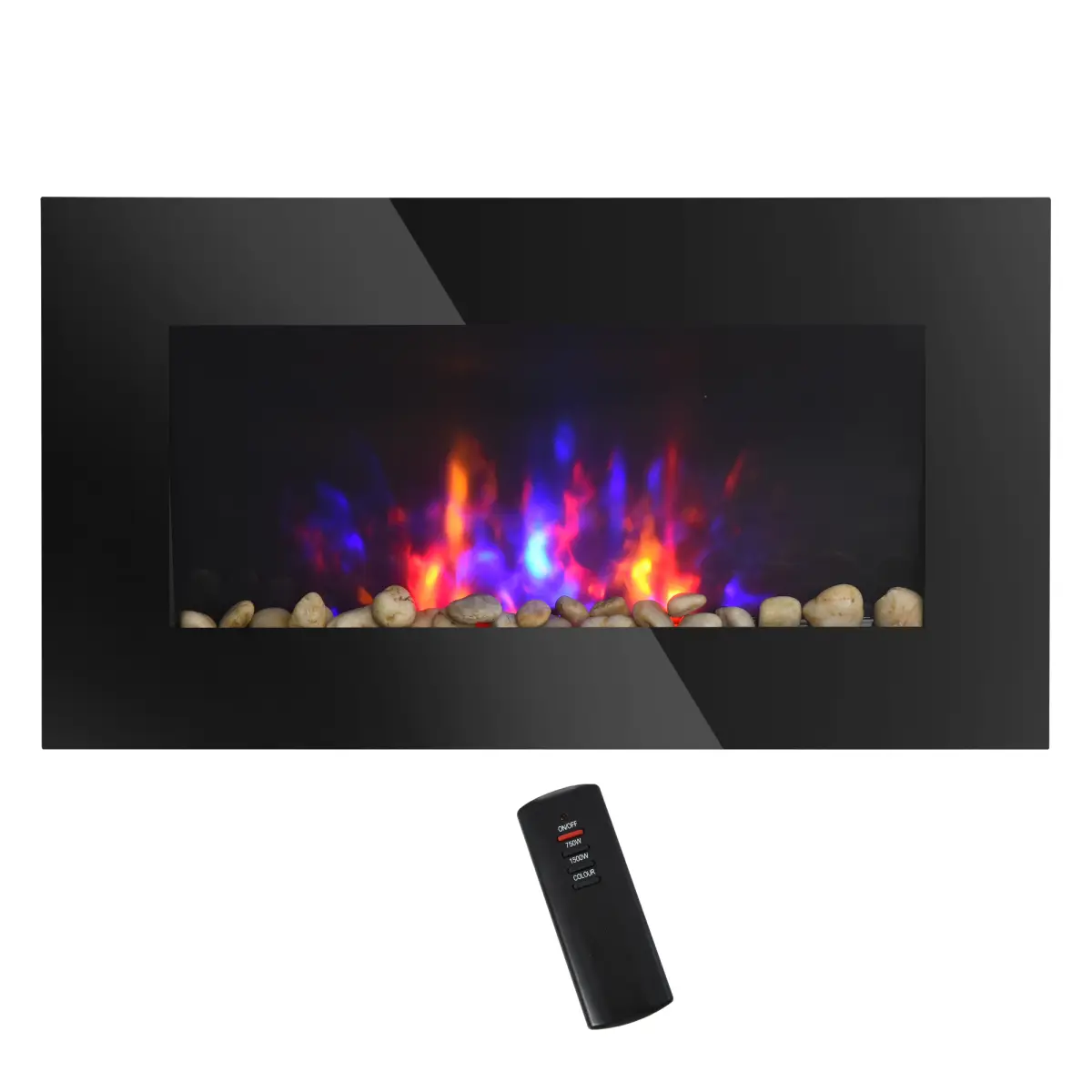 Black Wall-Mounted Electric Fireplace with Glass, 28.5x4.5x15.75", 1500W-750W Heat Control, Plug-In Space-Saving Heater, 7-Color Background Light, Flame Effect, with Protector, 22.88 lbs Household Appliance
