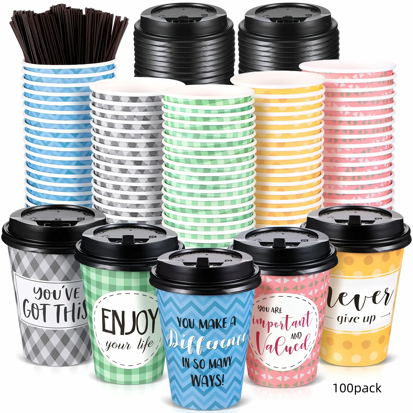 100 Pack Disposable Coffee Cups with Lids and Straws, Motivational Paper Cups with 6 Quotes and Designs Disposable Hot Cups for Water, Juice, Coffee, Tea, Home, Shop Cafe, 16oz