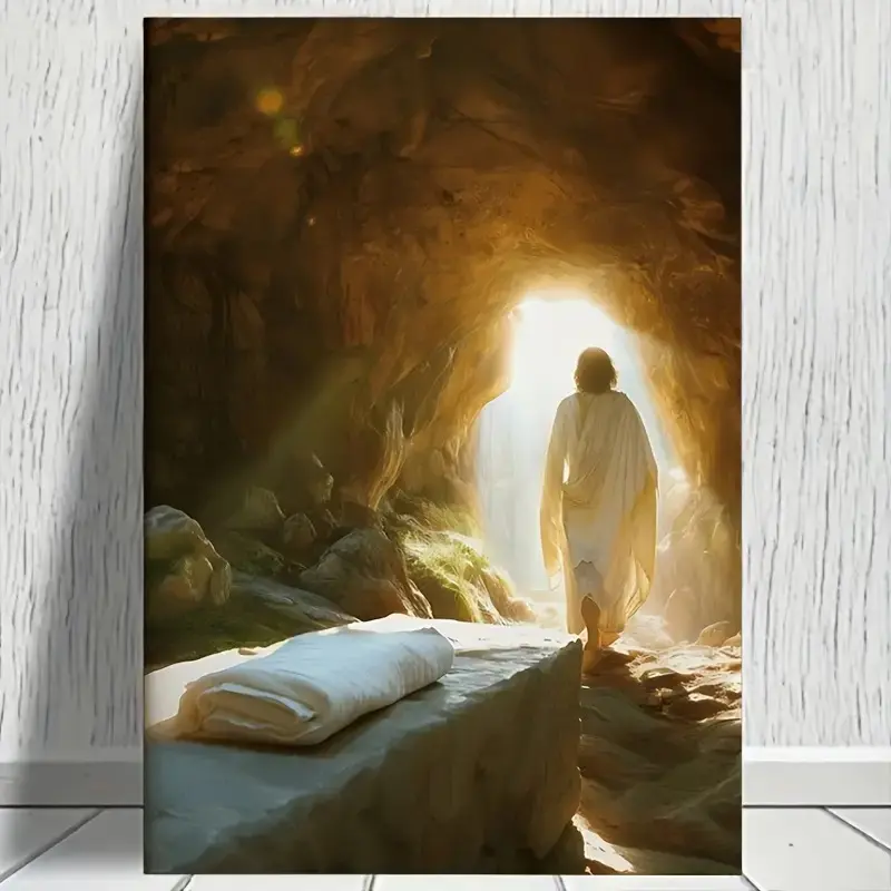 Canvas Painting Christian Art - Resurrection Scene Rustic Look Farmhouse Wall Hanging, Modern Religious Home Decor, Easter Gift for Bedroom Spiritual Inspiration
