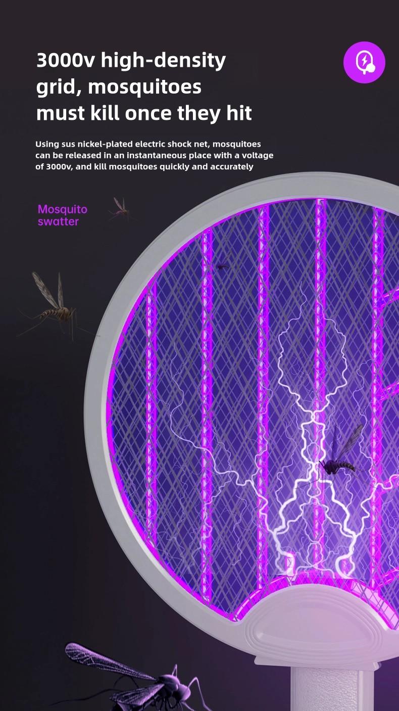 Foldable Electric Fly Swatter & 2-in-1 Bug Zapper Racket, 3000V High Voltage Mosquito Killer with UV Light, USB Rechargeable Handheld Insect Zapper with Base for Gnat, Wasp, Fruit Fly, Indoor Outdoor Camping Essentials