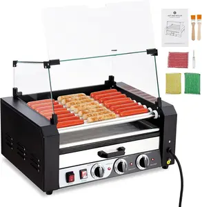 Roller Dog Machine, 24 Hot Dog Capacity 9 Rollers Sausage Grill, 1650W Stainless Steel hotdog roller grill and bun warmer, Glass Lid, Dual Temperature Control,Timer & Drip Tray for Party Home