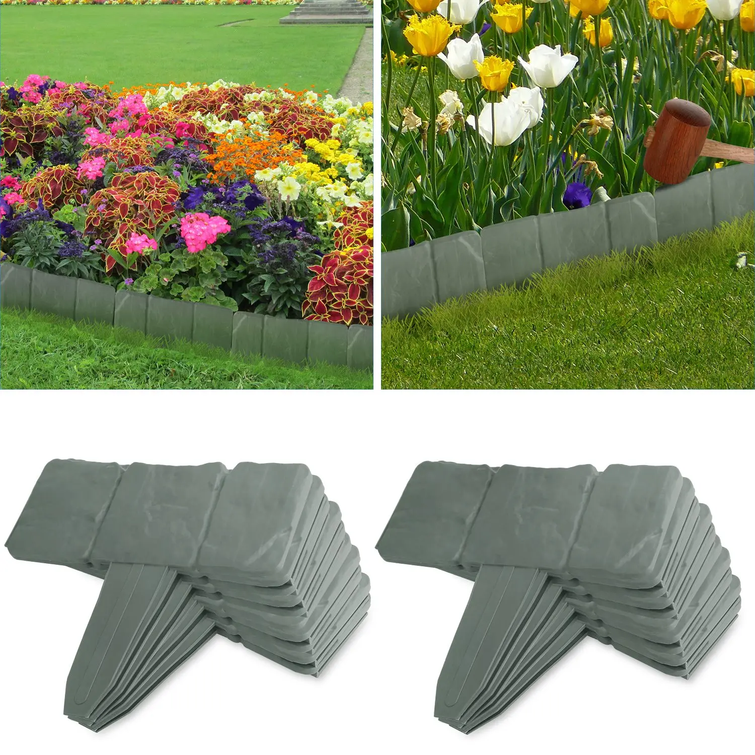 20 PCS Cobbled Stone Effect Plastic Lawn Border Edging, Garden Supplies, Decorative Garden Fence for Spring Outdoor Decoration