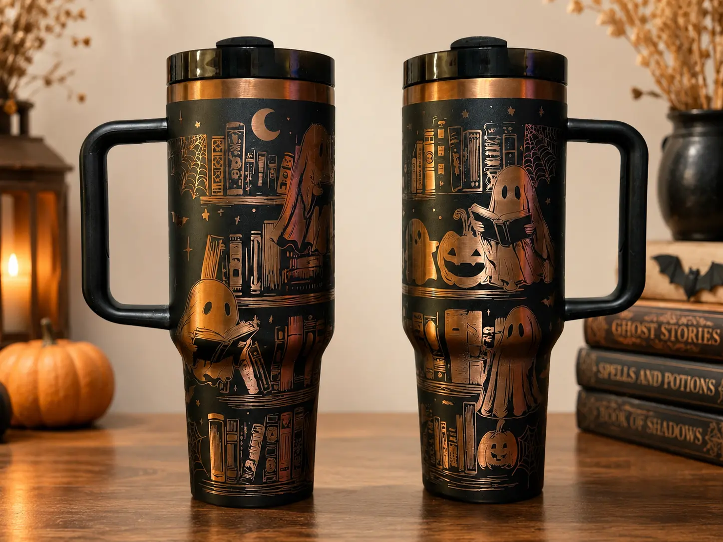 Ghost Reading Halloween 40oz Tumbler with Handle, Spooky Book Lover Travel Mug, Cute Ghost Pumpkin Cup, Insulated Stainless Steel Coffee Tumbler with Lid, Fall Autumn Gift for Readers
