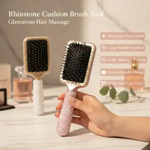Rhinestone Decorative Cushion Brush with Long Handle - Scalp Massager, Practical Hair Care & Styling Tool, Travel-Friendly for Daily Use
