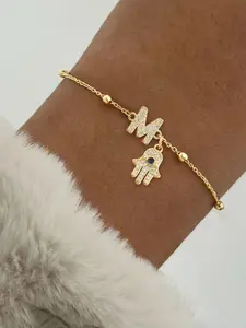 Stainless Steel Hamsa Hand Initial Bracelet, Pave Zirconia Charm, Casual Style, Perfect Gift for Her, All Seasons, Shein's Top Seller Replica