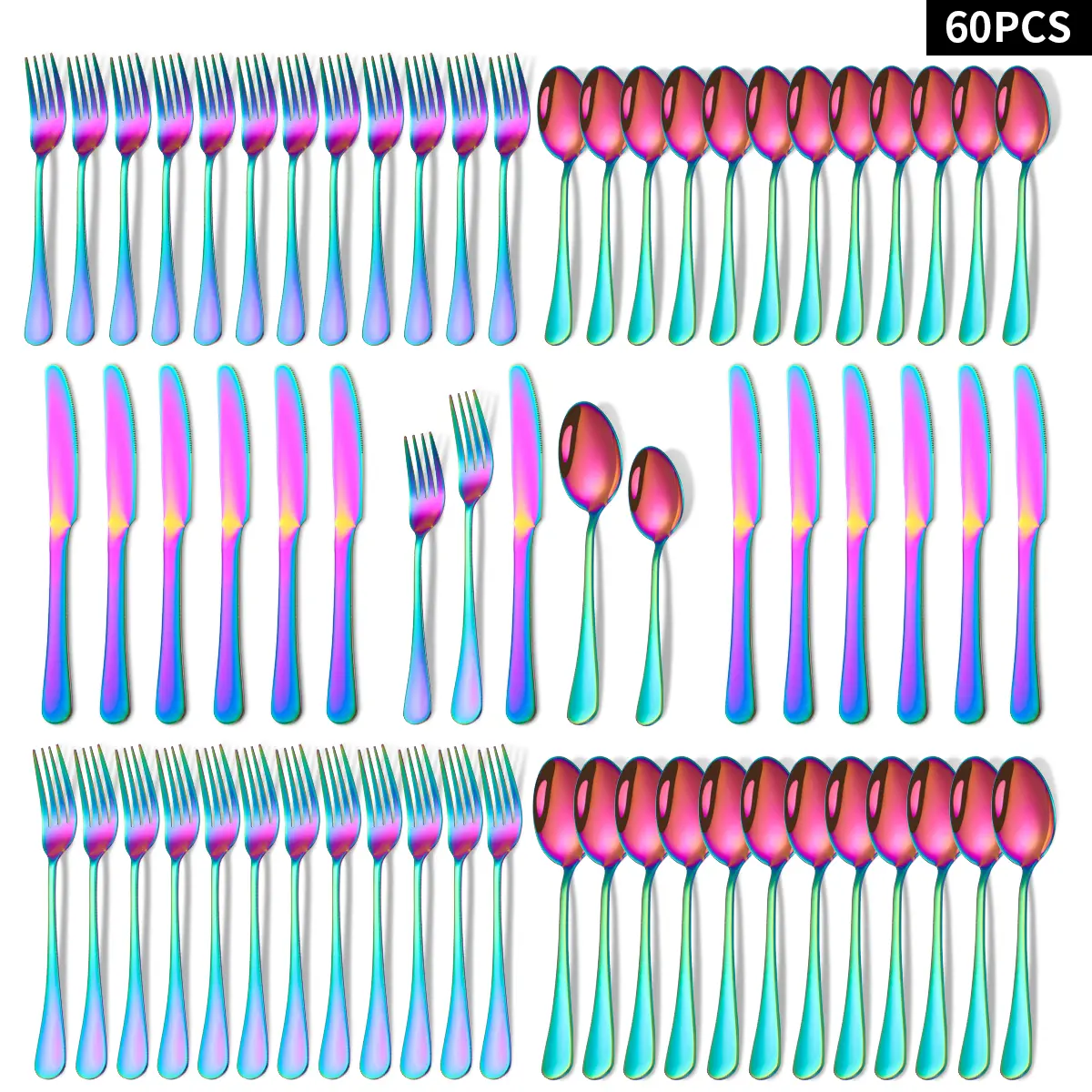 60-Piece Rainbow Iridescent Stainless Steel Cutlery & Tableware Set (Service for 12) - Glossy, Stylish Utensils (Knife, Fork, Spoon), Dishwasher Safe, Scratch-Resistant Modern Casual Dinner Sets for Spring Brunch, Campfire/BBQ Party