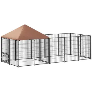 PawHut Dog Kennel Outside, Large Outdoor Dog Kennel Run with Rotating & Adjustable Height Bowls, Waterproof & UV-Resistant Canopy, Welded Wire Pet Enclosure Playpen, 11.3' x 4.7' x 5.1'