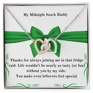 Interlocking Hearts Necklace  funny message  green bow