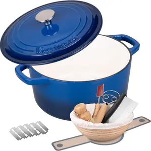 Enameled Cast Iron Dutch Oven Pot with Lid, for Bread Baking, Round Bread Oven- include Sourdough Bread Baking Supplies Set, 6QT, Blue