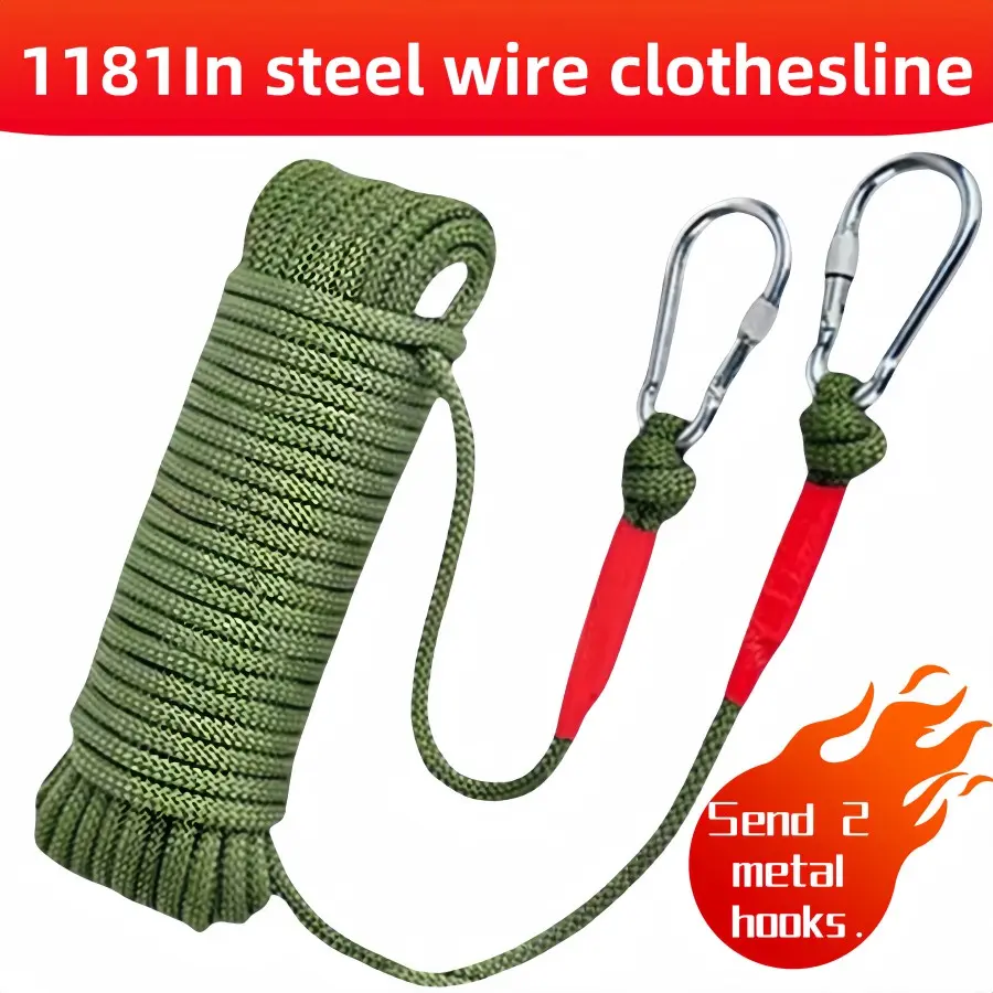 30 Camping Steel Wire Clothesline, Includes 2 Metal Hooks, Thick Durable Nylon Rope, Outdoor Laundry Tent Fixing Multi-Functional Rope