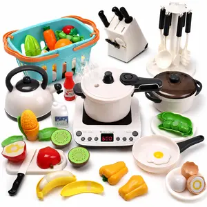 Cute Stone Kids' Pretend Play Kitchen Toy Set - Cookware, Steam Pressure Pot, Electronic Induction Cooktop, Cooking Utensils, Cuttable Food, Fruits, Vegetables