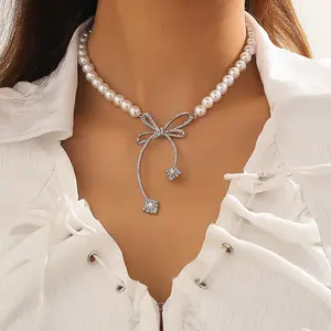Pearl Diamond Bow Necklace Fashion Light Luxury Design Sense Niche Collarbone Chain New Personalized Necklace