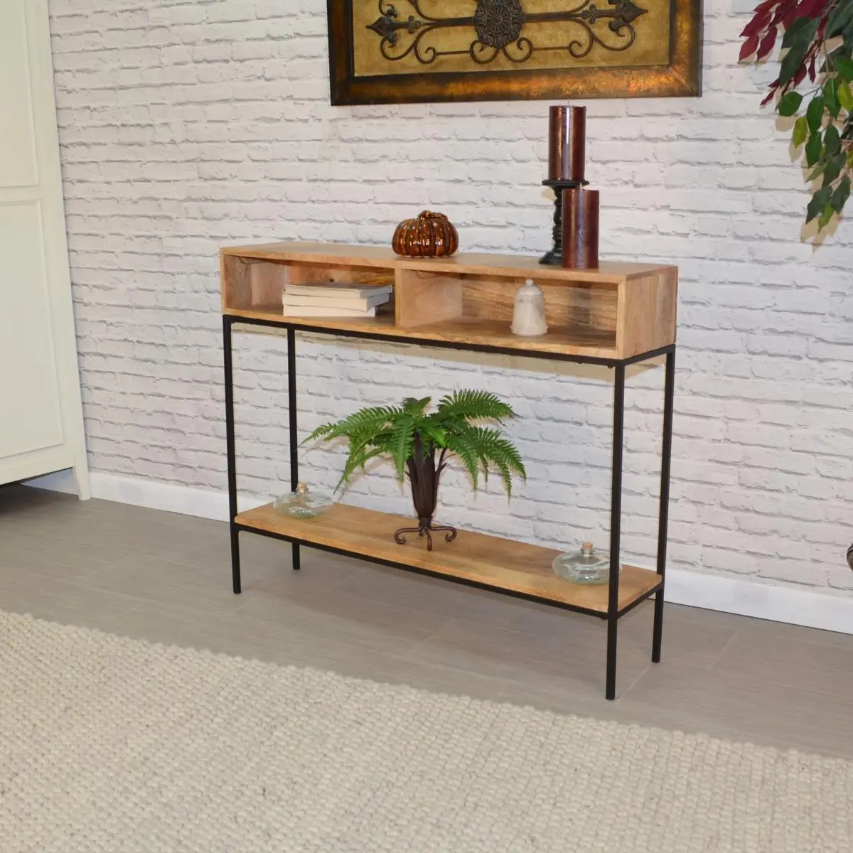 Carolina Cottage Edvin Industrial Entryway Console Table - Natural & Black Finish, Rectangle Shape, Functional Storage, Assembly Required, 9.5x42x34.25 in Small Space Indoor Furniture, Console Table Entryway, Entryway Table