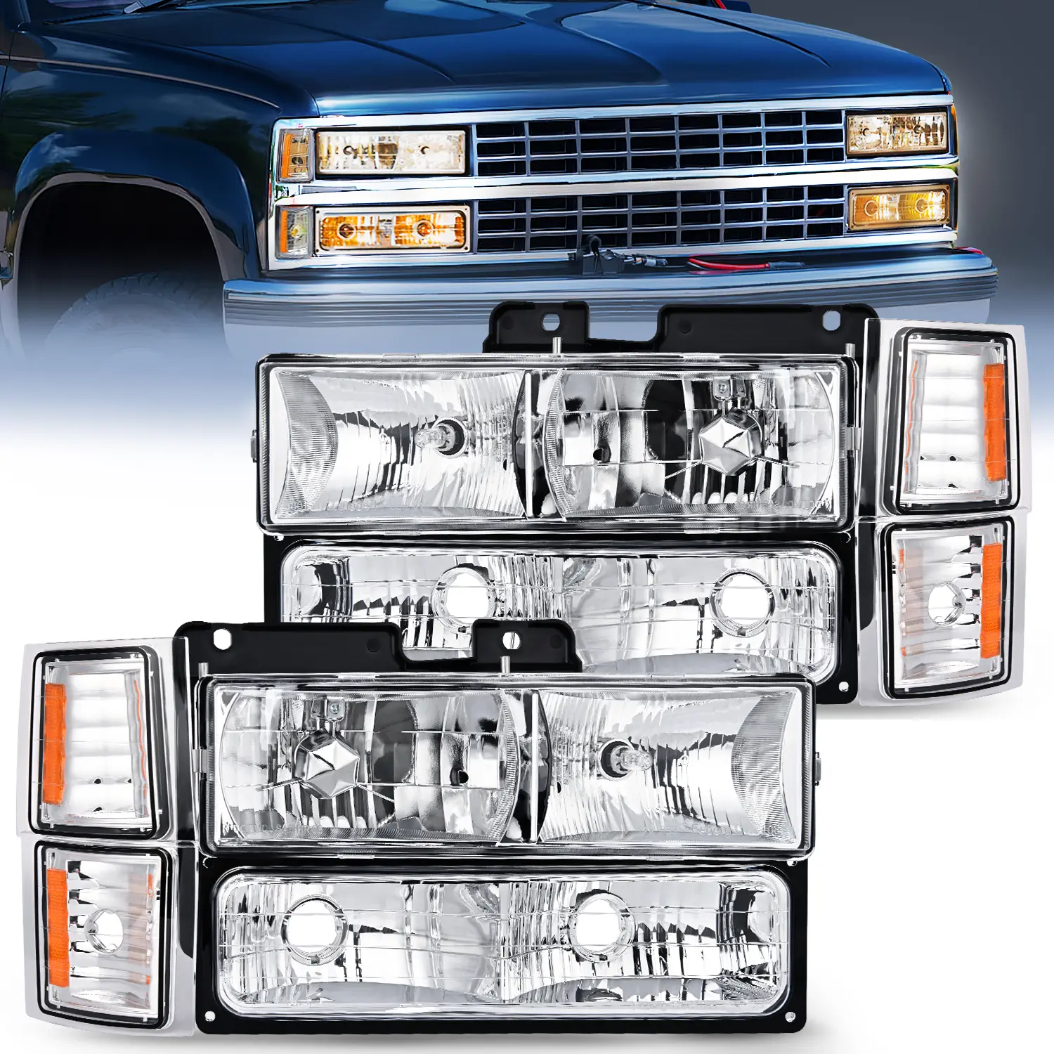 Nilight Headlight Assembly Compatible with 1994 1995 1996 1997 1998 Chevy Silverado Tahoe Suburban C10 C/K 1500 2500 3500 Replacement Headlamp Chrome Housing Amber Reflector Bumper Corner Lamp Automotive, Replaceable Headlamp