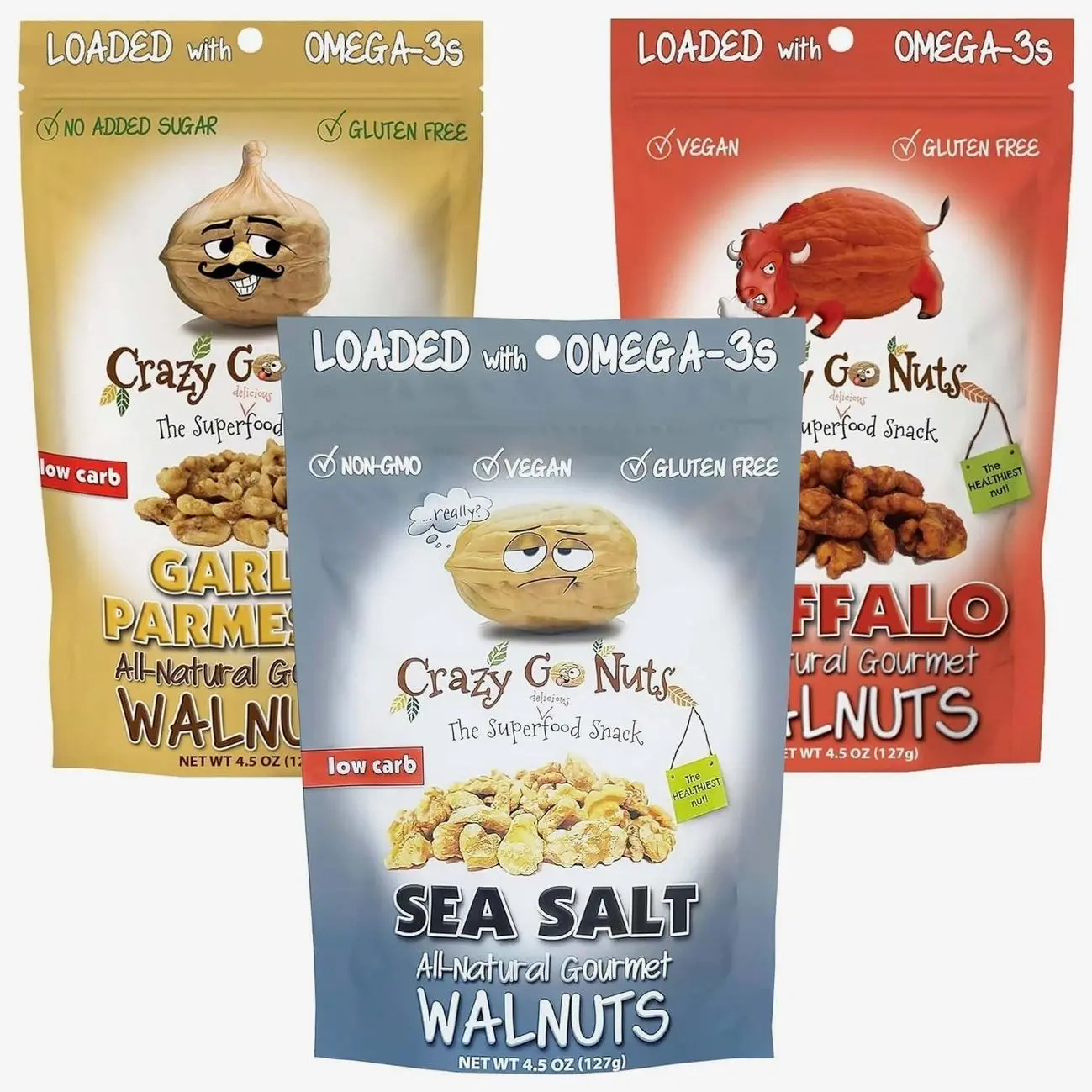 Crazy Go Nuts Savory Sampler Walnuts - Healthy Snacks, Gluten Free, Natural Superfood, Omega 3 Fatty Acids and Antioxidants, Plain with Sea Salt, Garlic Parmesan, and Buffalo - 4.5 oz, 3-Pack