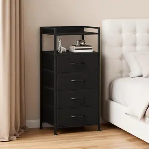 Bedside Table, Side End Table with 4 Fabric Storage Drawers, Bedside Cabinet with Open Storage Shelf, Nightstand for Bedroom, Livingroom, Office, 41 * 29 * 83.5Cm, Black