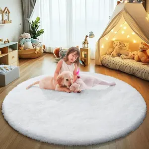 White Fluffy Round Area Rug, 3x3ft Shag Circle Rug for Bedroom, Girls Room, Non Slip Fuzzy Plush Rug for Kids Room, Living Room, Dorm and Home Decor