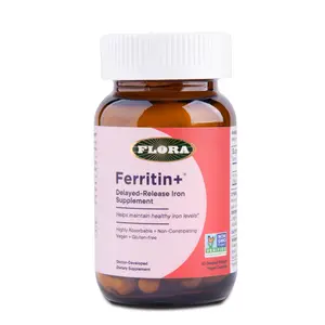 Flora Health Ferritin+ Delayed-Release Iron Supplement - Plant-Based Iron Supplement - Blood Cell & Energy Support - Vegan & Gluten-Free - Amber Glass Bottle