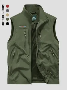 Men's Solid Zip Up Stand Collar Sports Vest, Lightweight Outerwear for Outdoor Activities, Menswear