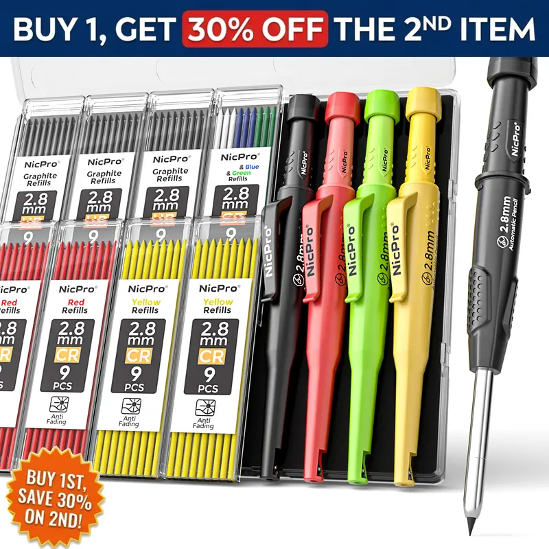 Nicpro 2.8mm CP3000 Ergonomic Mechanical Drawing Pencil Set (4-Pack) – Stationery Writing Tools with 45mm Elongated Tip, Sharpener, Refills for Carpenter Concrete Marking, Heavy-Duty Woodworking