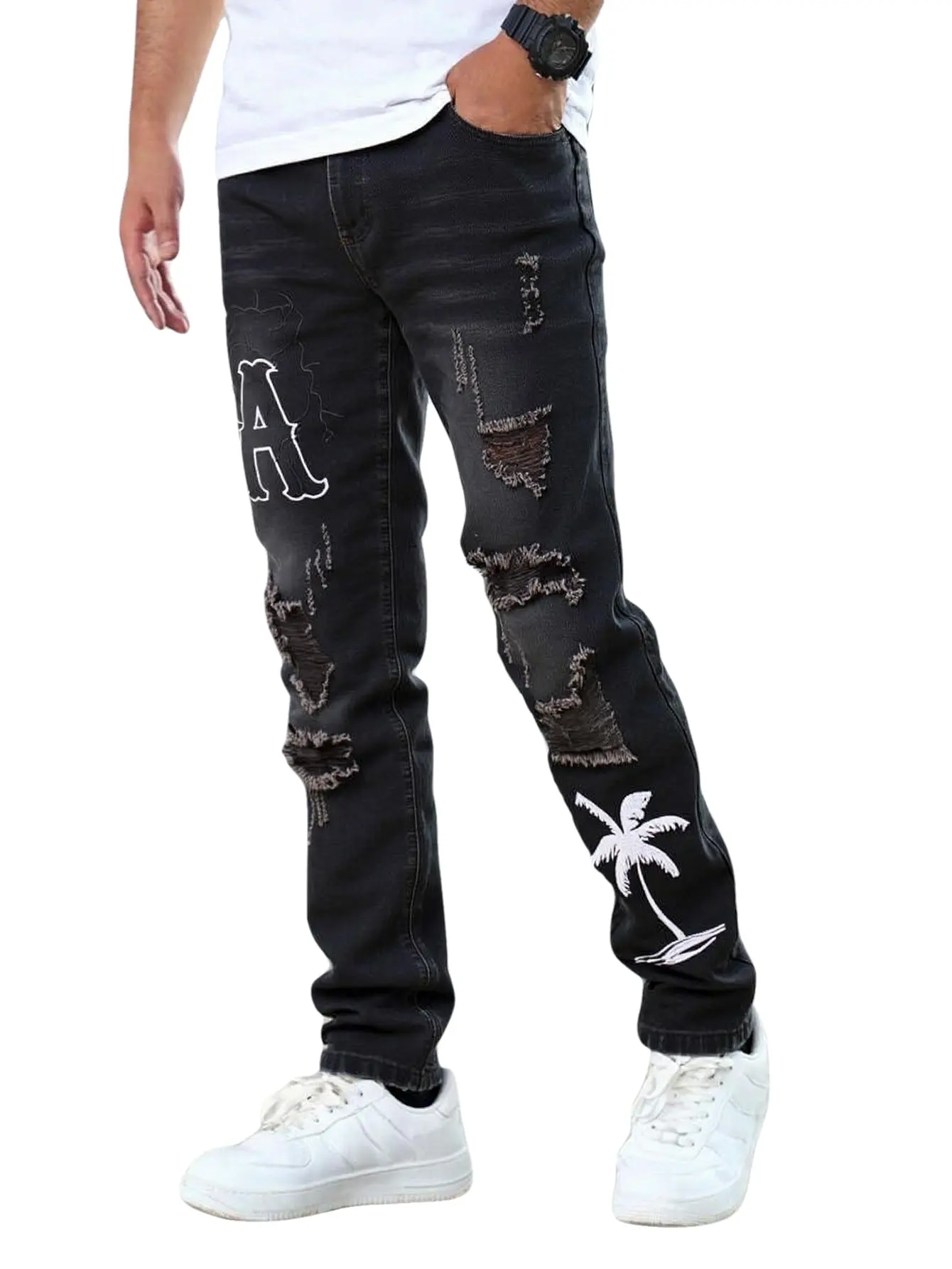 Menswear Slim Fit Jeans with Embroidery, Ripped Grunge Aesthetic Denim Pants for Edgy Streetwear