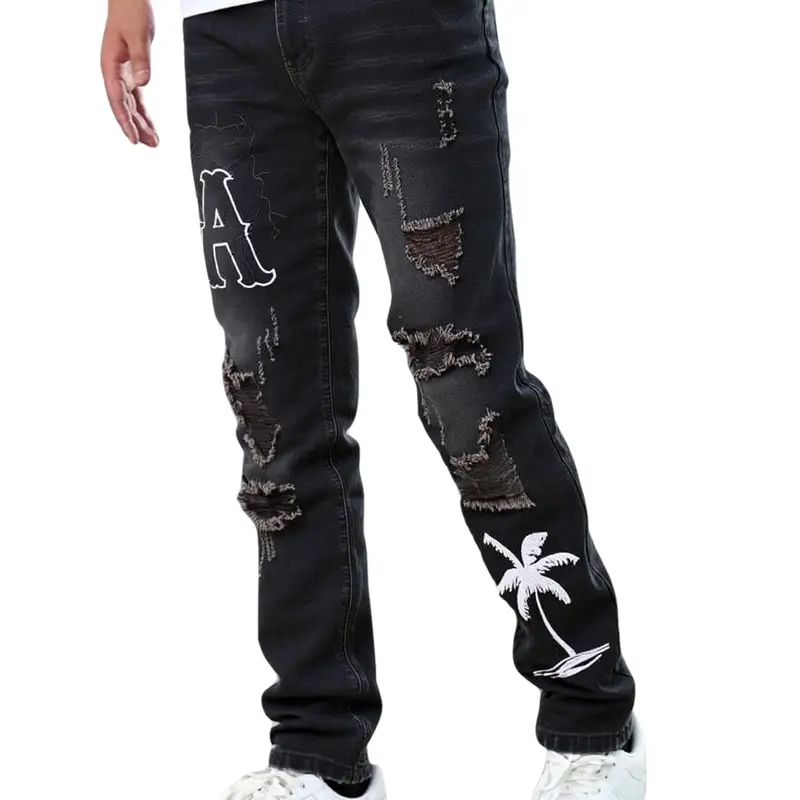 Men's Slim Fit Embroidered Fashion Ripped Jeans - 90s Grunge Retro Look, Denim Fabric, All Seasons Casual Sneaker-Friendly Bottoms, Cold Wash Safe for Denim Lovers