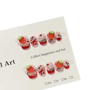 Strawberry Red Press on Nails Short Oval Nails with Juicy Berry Designs Reusable Sweet False Nails C315 Strawberry-Short Square Round