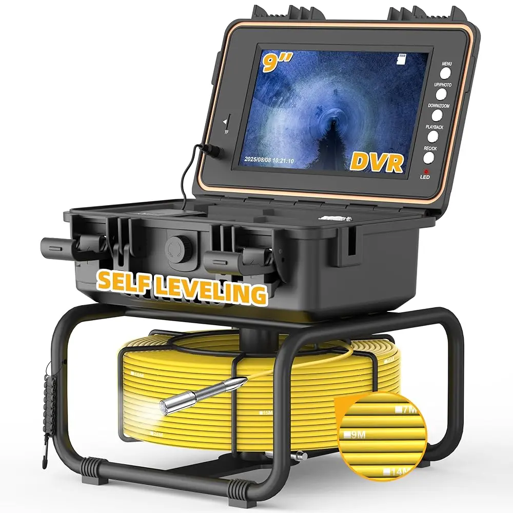 Self-Leveling Sewer Camera with Meter Marking, 9'' IPS Screen, HD 1080P Resolution, 5100mAh Battery, 100ft 5mm Cable Sewer Drain Video Inspection Camera with DVR Recorder and 32GB SD Card