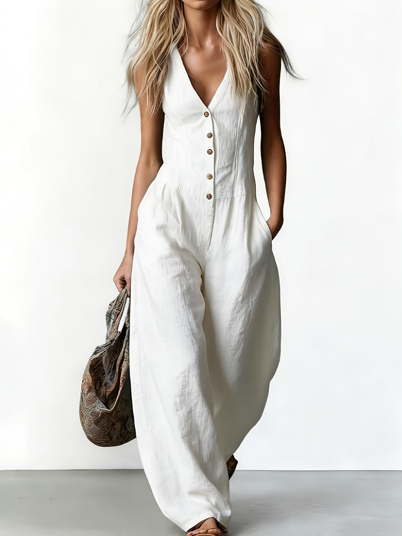 Women's Linen-Look V-Neck Jumpsuit – Textured, Sleeveless, Commuter Style