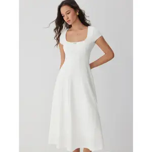 Cider Scoop Neck Short Sleeve Rosette Flared Maxi Dress