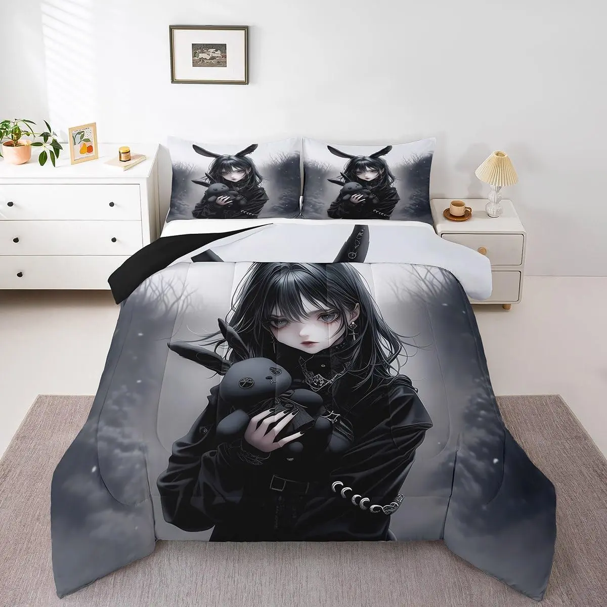 Feelyou Gothic Anime Character-Themed Bedding Set - Soft, Breathable, Skin-Friendly Bed Comforter Set with Bold Black Print Black Pattern Ghost Face Design, Multi-Size (Including Queen) Low Roll Over Fit, Ideal for Guest Room, Camping Gift for Girls, Char