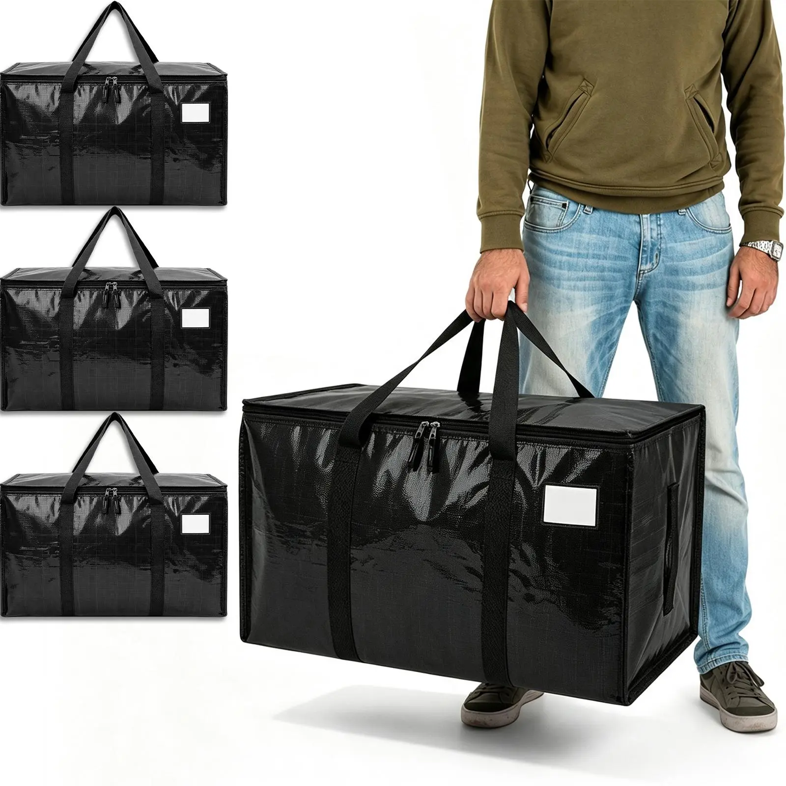 Black Large Heavy Duty Reusable Tote Bags With Visible Labels U Shaped Handles Portable Travel Organizer Bag Sturdy Lightweight Storage Bag For Dorm Essentials Bedroom Closet Storage Moving Supplies Household Organizer Home Decor Practical Gift For Women
