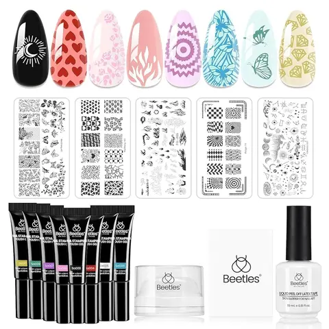 Beetles Nail Stamp Gel Polish French Tip Nail Stamp Kit with Stamper Gel Polish, Nail Stamping Templates, Scrapers, Liquid Latex & Short Silicone Stamper Gift for Women Manicure Stee mothersdaygift Spring Nail Summer Nail Vacation Nail #SummerVibes