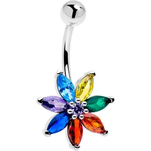 Red Blue CZ Gem Rainbow Flower Belly Ring