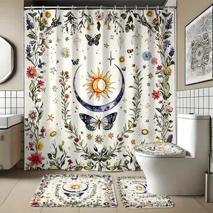 4pcs Retro Floral Bathroom Decor Set, Waterproof Shower Curtain with Hooks, Bath Mat, Toilet Seat Cover, Holiday Gift, Shower Curtain Sets
