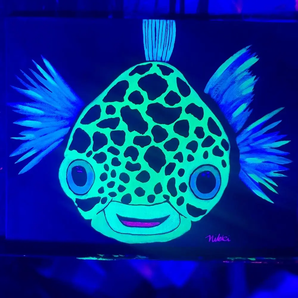 Neon Pufferfish Glow Original Blacklight Reactive Painting by Glow by Nikki