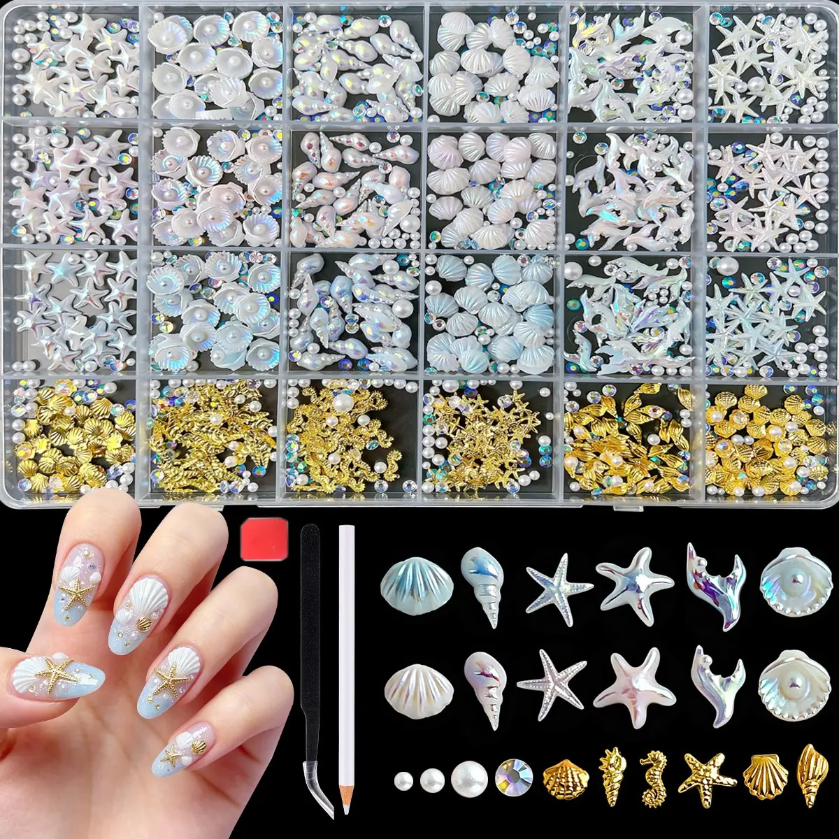 1Box Y2K Gold Shell Seahorse Mini Thin Copper Flakes Nail Charms 3D Shiny Starfish Fishtail Ocean Series Nail Art Supplies Nail Decorations with Tools DIY Summer Vacation & Beach Nails Ornaments Nail Design Nail Gems